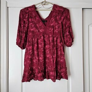 Oak & Trellis Floral Mini Dress Womens XL Burgundy Retro 70s Tiered Lace Cottage